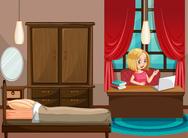 Vector gratuito escena con mujer trabajando desde casa en su dormitorio.
