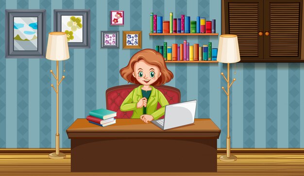 Escena con mujer trabajando en la computadora en casa