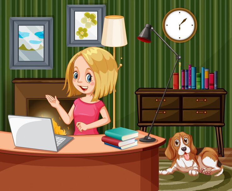 Vector gratuito escena con mujer trabajando en computadora en casa