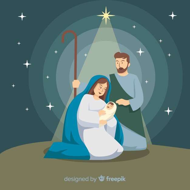 Escena de nacimiento navideño en diseño plano