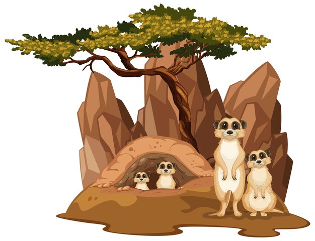 Escena de naturaleza aislada con familia suricata