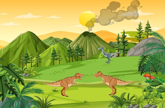 Vector gratuito escena de la naturaleza con árboles en las montañas con dinosaurio.