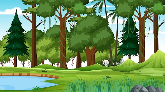 Escena de la naturaleza del bosque con estanque y muchos árboles durante el día.