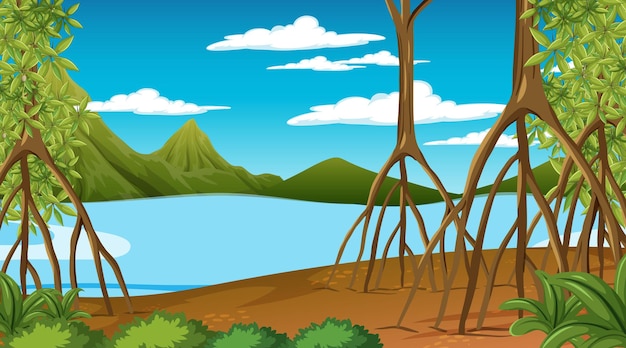 Escena de la naturaleza con bosque de manglares durante el día en estilo de dibujos animados