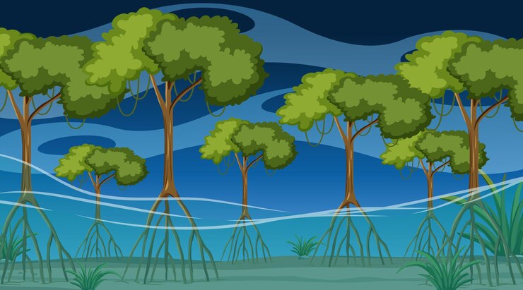 Vector gratuito escena de la naturaleza con bosque de manglares en la noche en estilo de dibujos animados