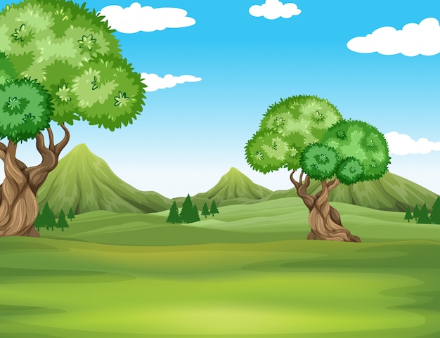 Vector gratuito escena de la naturaleza con fondo de campo y árboles
