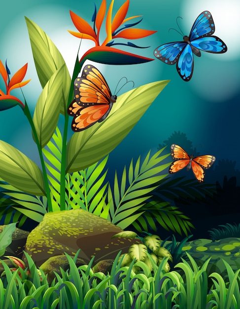 Vector gratuito escena de la naturaleza con mariposas monarca en la noche