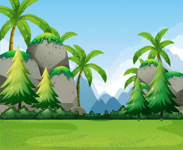 Escena de la naturaleza con montañas y árboles