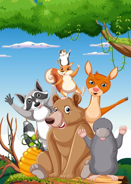 Escena de la naturaleza con muchos árboles y animales.