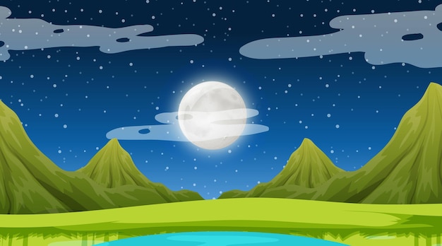 Vector gratuito escena de la naturaleza por la noche con paisaje de pradera y fondo de montaña