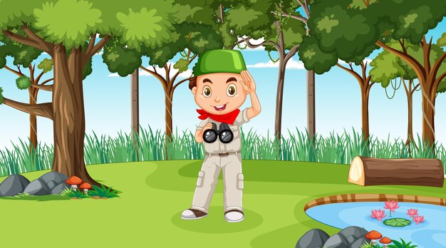 Escena de la naturaleza con un personaje de dibujos animados de niño musulmán explorando en el bosque