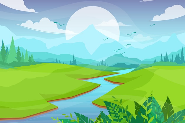 Vector gratuito escena de la naturaleza con río y colinas, bosque y montaña, ilustración de estilo de dibujos animados planos de paisaje