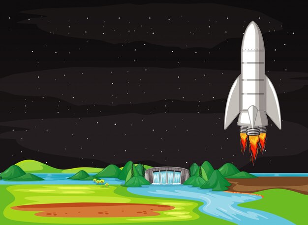 Escena con nave espacial volando en el cielo