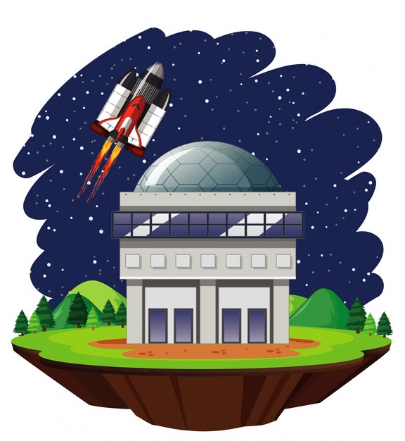 Escena con nave espacial volando en el cielo.