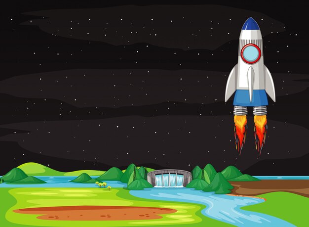 Escena con nave espacial volando en el cielo