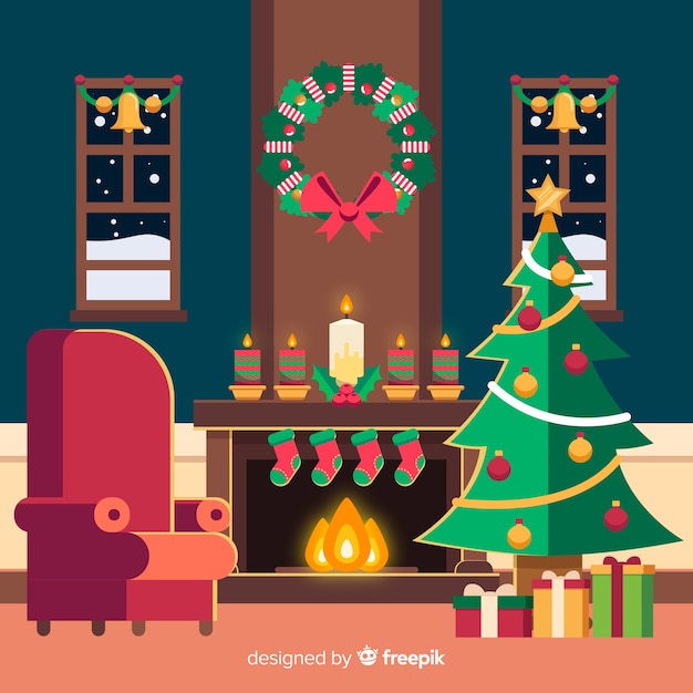 Vector gratuito escena navidad chimenea árbol plano