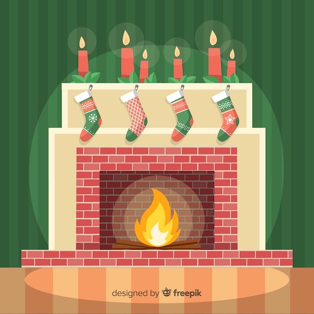 Escena navidad chimenea calcetines dibujados a mano