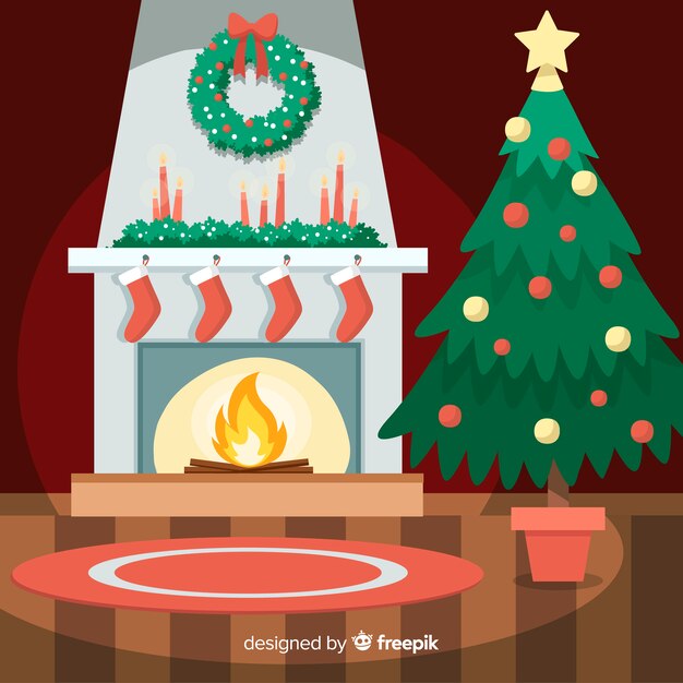 Escena navidad chimenea fuego plano