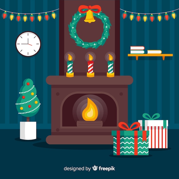 Vector gratuito escena navidad chimenea plana