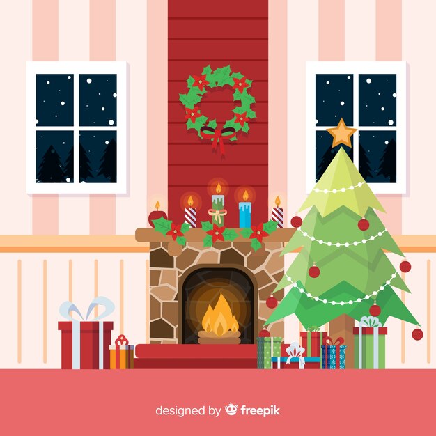 Escena navidad chimenea plana