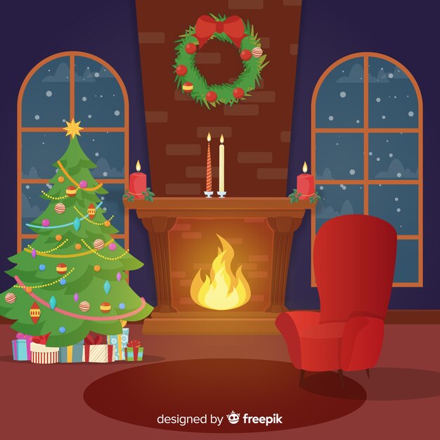 Escena navidad chimenea plana