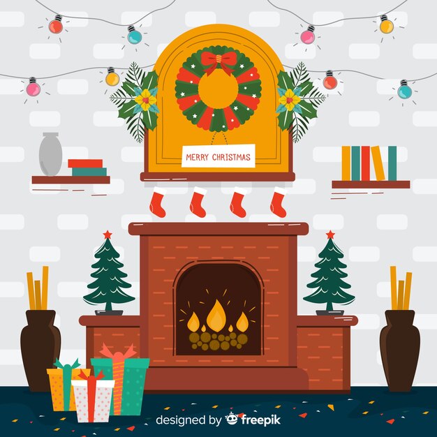 Escena navidad chimenea plana