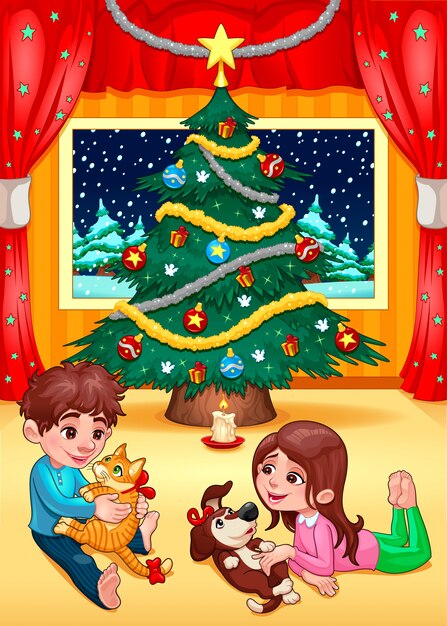 Escena de la navidad con los niños y las mascotas ilustración vectorial de dibujos animados