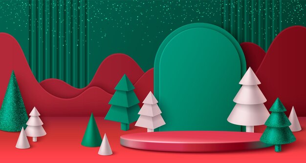 Escena navideña en 3D con podio y árboles de Navidad