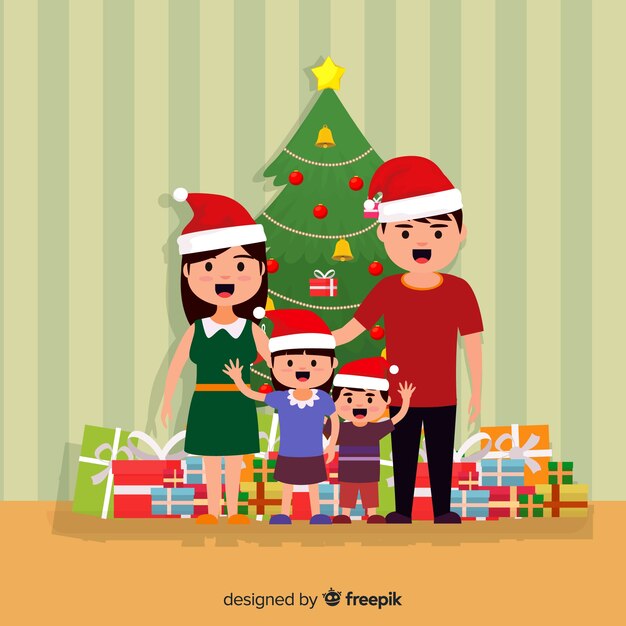 Escena navideña familia plana