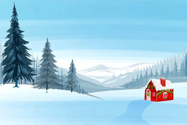 Escena navideña con el fondo de la casa cubierta de nieve