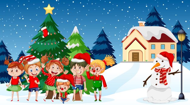 Escena navideña de invierno con niños felices.
