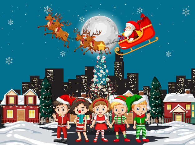 Escena navideña de invierno con niños felices.