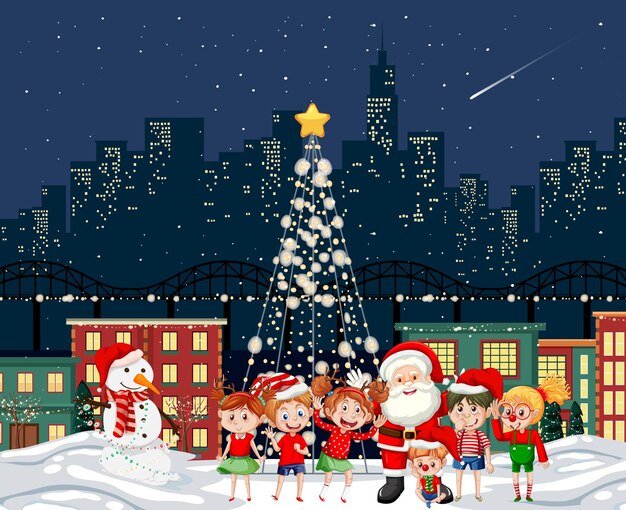 Escena navideña de invierno con niños felices.