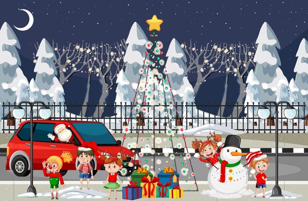 Escena navideña de invierno con niños y nieve.