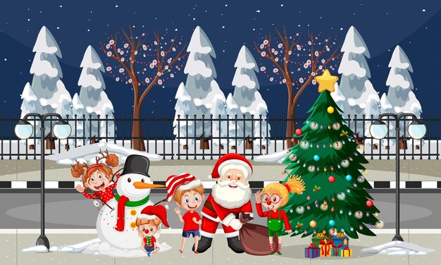 Escena navideña de invierno con Papá Noel y niños.