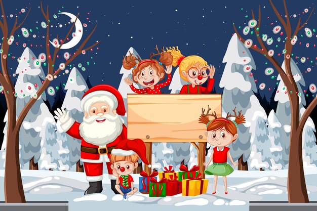 Escena navideña de invierno con Papá Noel y niños.