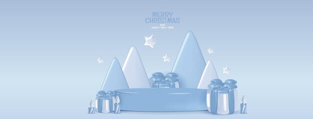 Escena navideña con podio y árboles de Navidad
