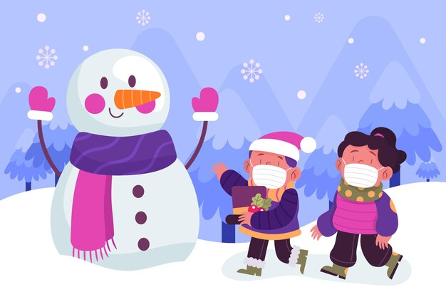 Vector gratuito escena de nieve navideña con niños con máscaras.