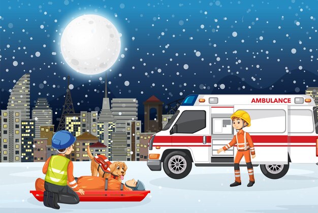 Escena de nieve con rescate de bomberos en estilo de dibujos animados