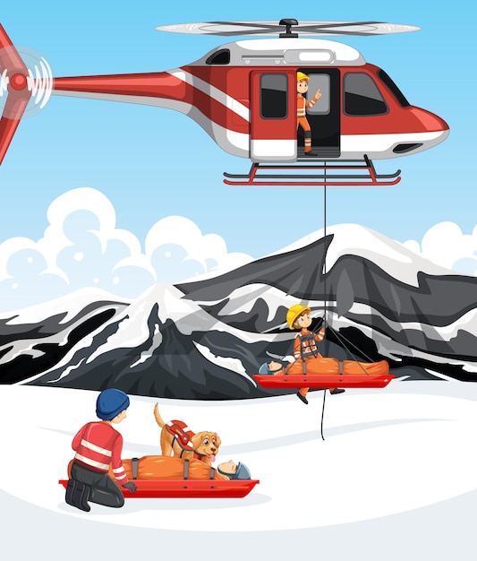 Escena de nieve con rescate de bomberos en estilo de dibujos animados
