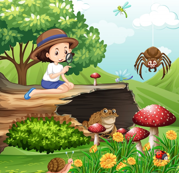 Vector gratuito escena con niña mirando insectos en el jardín