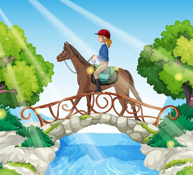 Vector gratuito una escena de niña montando a caballo.