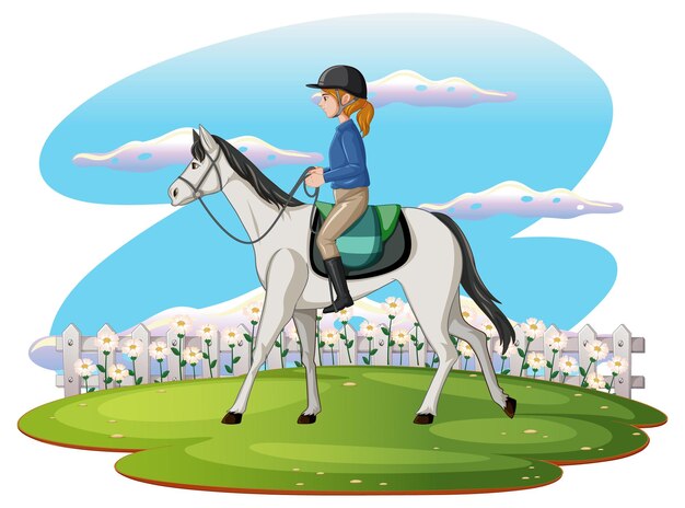 Una escena de niña montando a caballo.