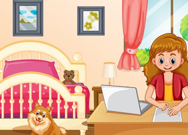 Escena con niña trabajando en computadora en el dormitorio.