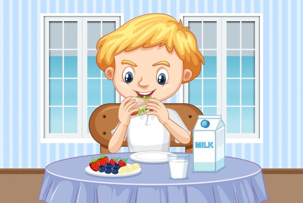 Escena con niño comiendo desayuno saludable en casa
