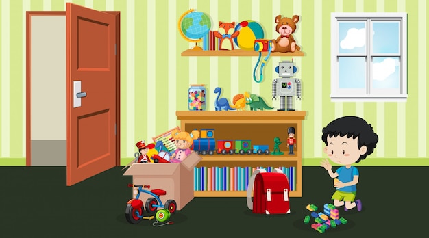 Vector gratuito escena con niño jugando en la habitación