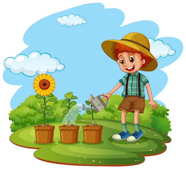 Escena con un niño plantando árboles en el jardín