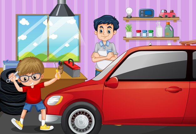 Escena con un niño reparando auto con su papá.