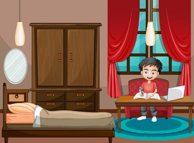 Escena con niño trabajando en la computadora en el dormitorio