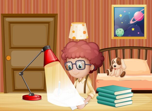 Escena con un niño trabajando en la tarea en el dormitorio